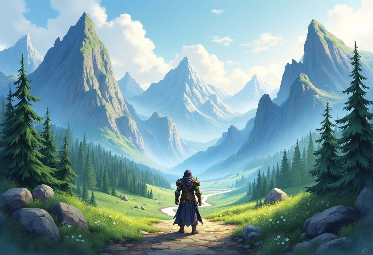 World of Warcraft character in a fantasy landscape with mountains and forests