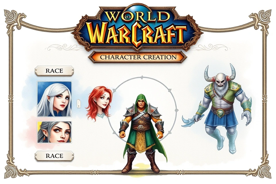 Character creation interface displaying fantasy race options for World of Warcraft.